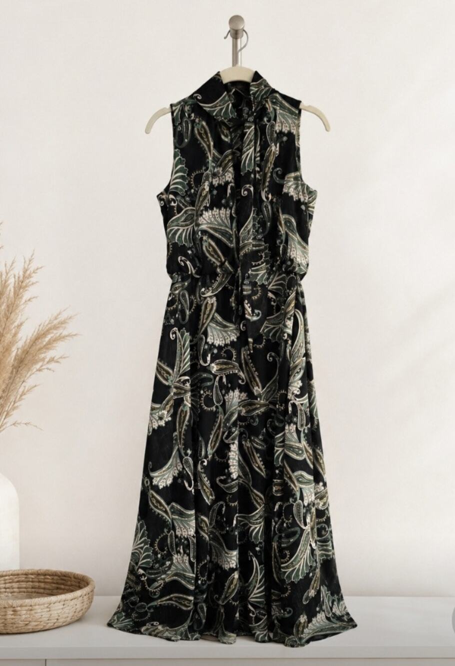 London Style Black Green Paisley Maxi Dress 4